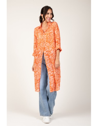 Chemise longue "Flowers Orange Sunset"2 poches,boutonnée,base droite,cot (SMLXL)