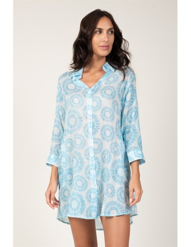 Chemise ample "Soleils Bleu Caraïbes"poches côté,coton (SMLXL)