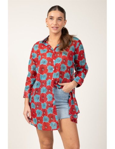 Chemise ample "Fleur Rouge Pimenté/Bleu Caraïbes"poches côté,coton (SMLXL)