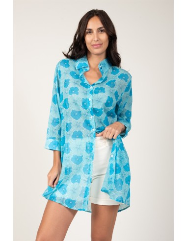 Chemise ample "Fleur Bleu Caraïbes/Bleu Marin"poches côté,coton (SMLXL)