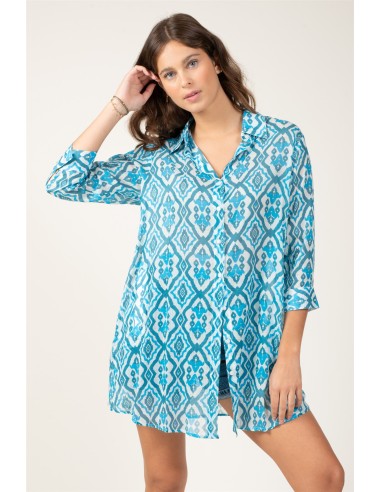 Chemise ample "Symétrie Bleu Océan"poches côté,coton (SMLXL)