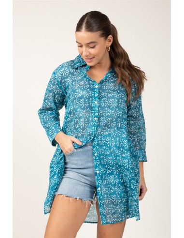 Chemise ample "Eveil Bleu Océan"poches côté,coton (SMLXL)