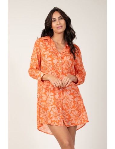 Chemise ample "Flowers Orange Sunset"poches côté,coton (SMLXL)