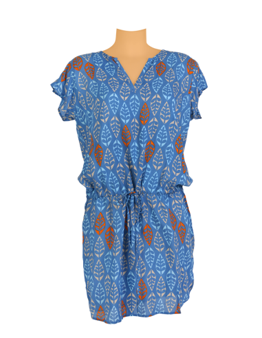 Robe droite "Leaves bleu/beige", manches courtes, lien taille, base arrondie