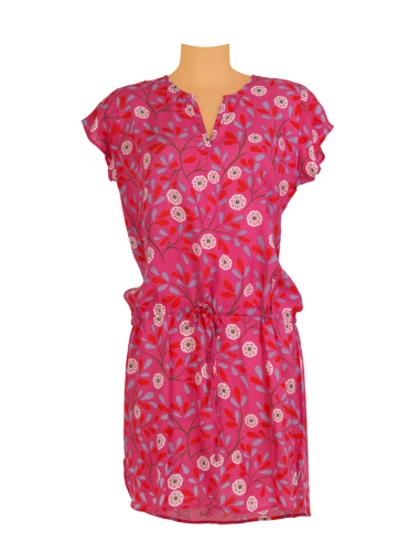 Robe droite "Eglantine fuschia", manches courtes, lien taille, base arrondie