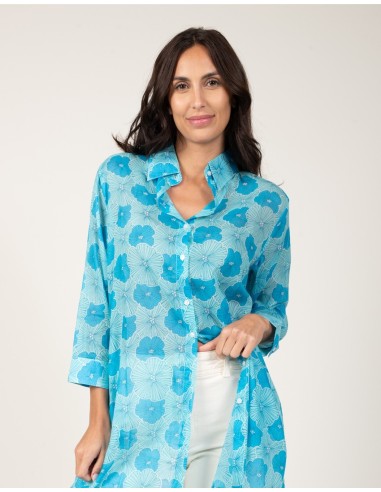 Chemise ample "Fleur Bleu Caraïbes/Bleu Marin"boutons,ml larges,coton (SMLXL)