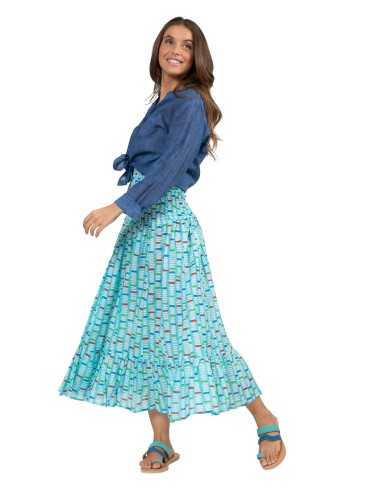 Robe mi-L/ jupe"Steps Bleu Caraibes",poitrine/taille smocké,ss manch,1volant,cot