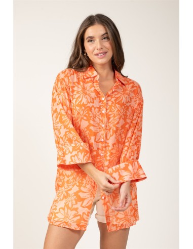 Chemise ample "Flowers Orange Sunset"boutons,ml larges,coton (SMLXL)