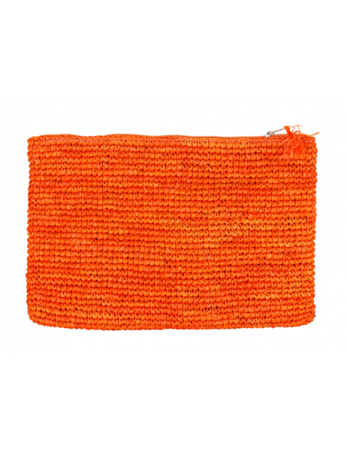 Pochette Orange Raphia tressé, zip avec pompon (30*20 cm)