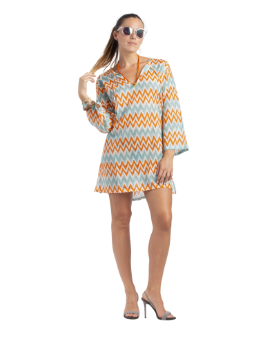 Tunique Zigzag Orange / Aqua, col avec liens, coton (S,M,L,XL)