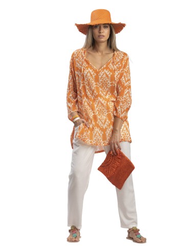 Tunique "Ikat Orange", col avec liens, coton (S,M,L,XL)