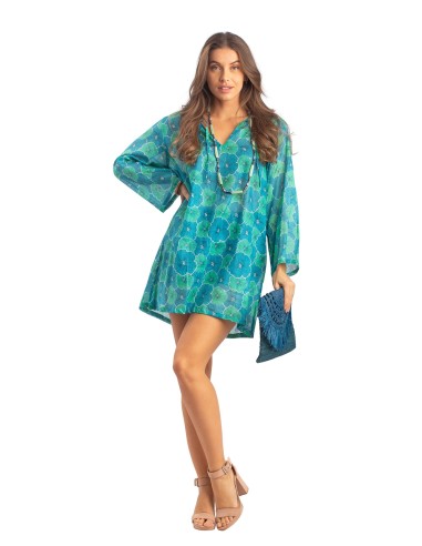 Tunique "Fleur Turquoise", col avec liens, coton (S,M,L,XL)