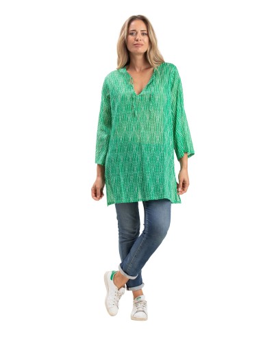 Tunique "Esther vert Guacamole", col avec liens, coton (S,M,L,XL)