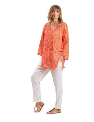 Tunique "Esther Orange crepuscule", col avec liens, coton (S,M,L,XL)