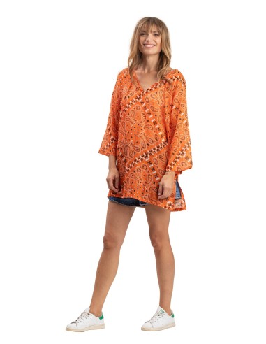 Tunique "Multi bandana Orange crepuscule", col avec liens, coton (S,M,L,XL)