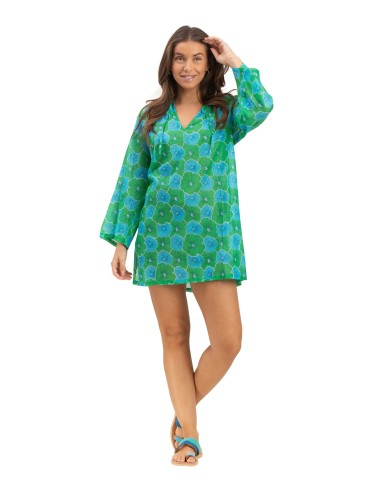 Tunique "Fleur Vert Guacamole", col avec liens, coton (S,M,L,XL)