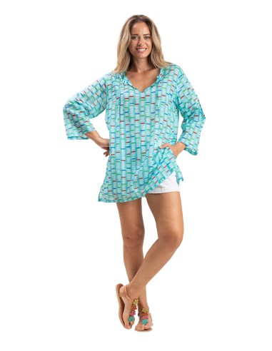 Tunique "Steps Bleu Caraibes", col avec liens, coton (S,M,L,XL)