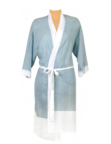 Kimono Gris/Bleu motif Rosace, bande Blanche, coton, SMLXL