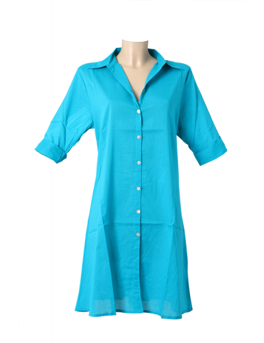 Tunique coton ample Turquoise, boutonnée, manches 3/4 (M-L-XL)
