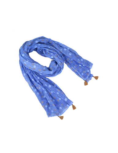 Echarpe/paréo Bleu Cobalt fleurs or, 4 pompons, coton (100*180 cm)