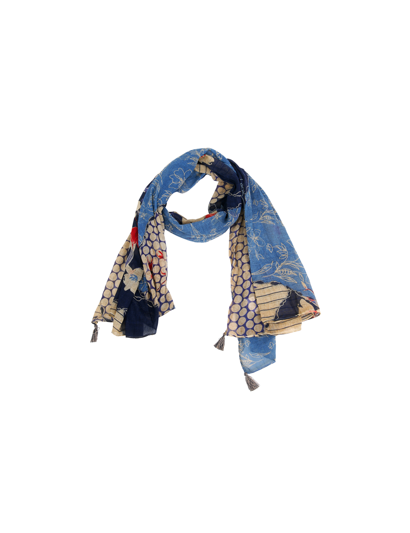 Echarpe/paréo motifs fleurs/multi Beige/Bleu, coton, 100*180 cm