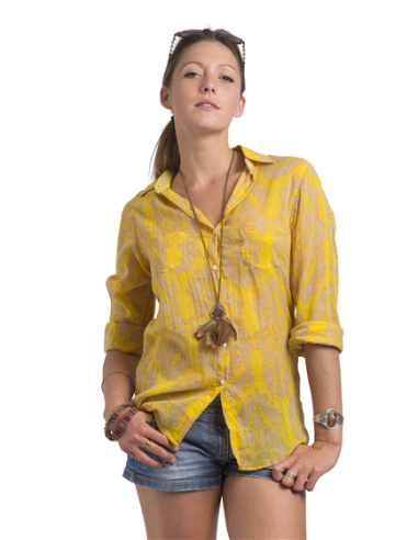 Chemisier "Ikat Jaune", 2 poches poitrine, coton (S,M,L,XL)