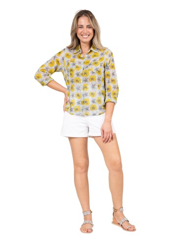 Chemisier "Fleur Soleil de Cancun", 2 poches poitrine, coton (S,M,L,XL)