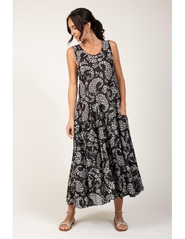 Robe ample "Cachemire Floral Noir"2 poches,3 volants,coton (SMLXL)