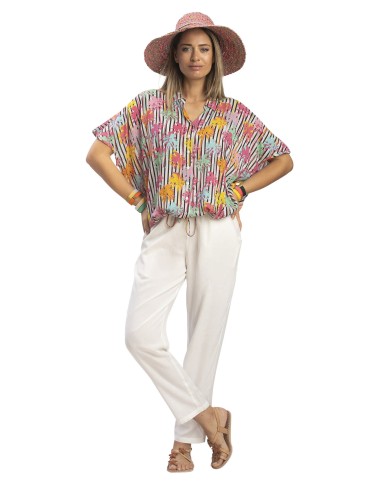 Top ample  "Palmiers multico",boutons,manches courtes,lien taille SMLXL