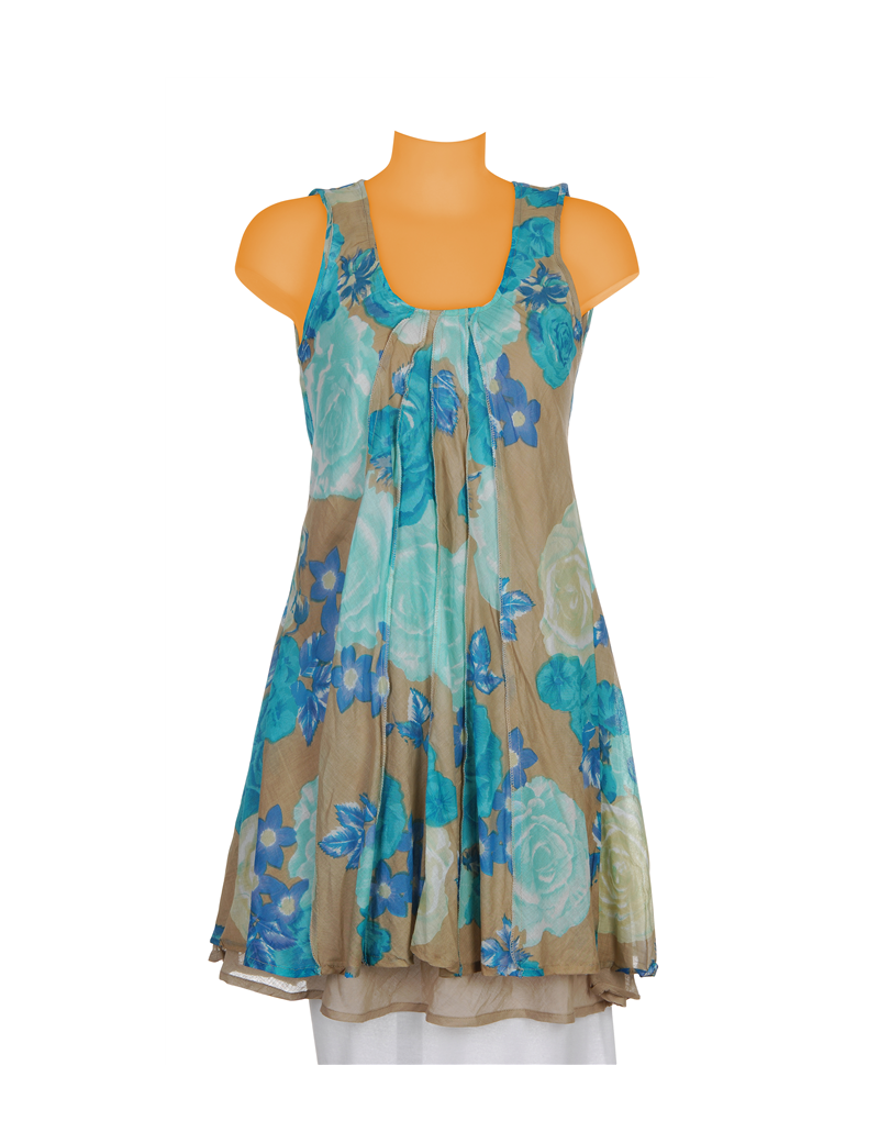 Robe coton imprimé Turquoise Beige, col rond, plis soleil, doubl blc SMLXL