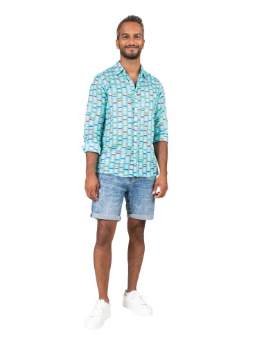 Chemisier homme "Steps Bleu Caraibes", manches longues, coton  (S,M,L,XL)