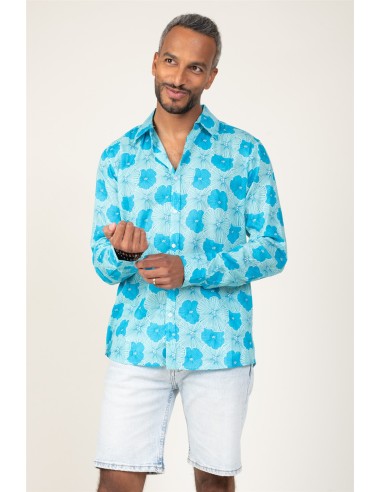 Chemisier homme "Fleur Bleu Caraïbes/Bleu Marin"manches longues,coton (SMLXL)