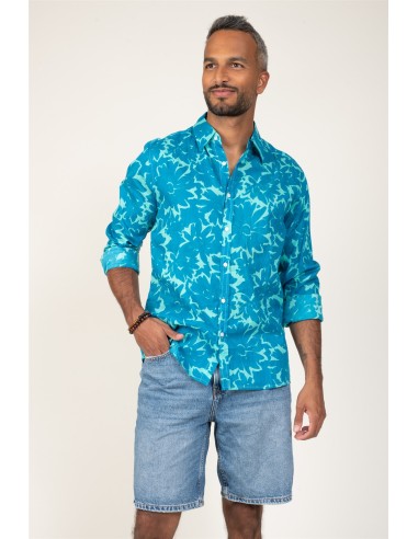 Chemisier homme "Flowers Acqua"manches longues,coton (SMLXL)