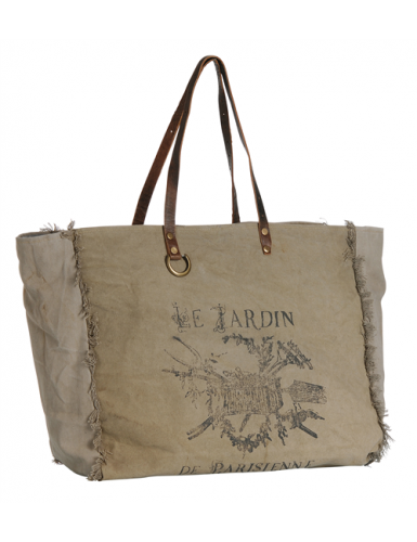 Sac XL Beige "Le Jardin", bords frangés anses cuir plates, zip, coton (50*39*24)