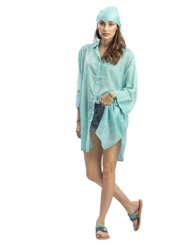 Chemise ample "Esther turquoise" ,boutonnage avant/faux arrière, base droite