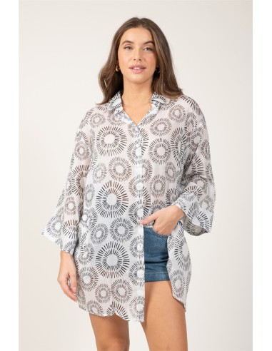 Chemise ample "Soleils Blanc"boutonnage av/fx arrière,base droite,cot (SMLXL)