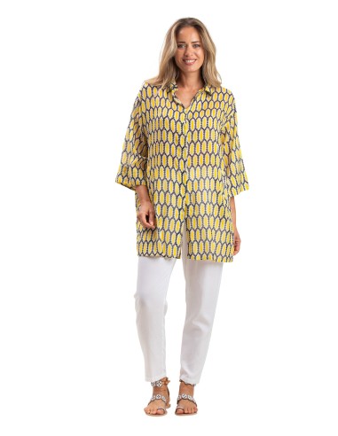 Chemise ample "Hacienda Soleil Cancun"boutonnage av/faux arrière,base droite,cot