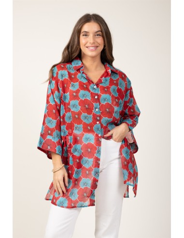 Chemise ample"Fleur Rouge Pimenté/Bleu Caraïbes"boutonnage av/fx arr,bs drte,cot