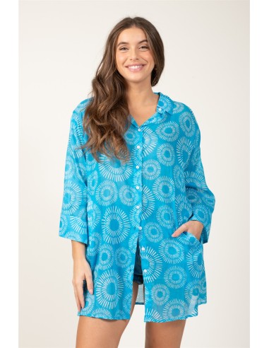 Chemise ample "Soleils Bleu Marin"boutonnage av/fx arrière,base droite,cot