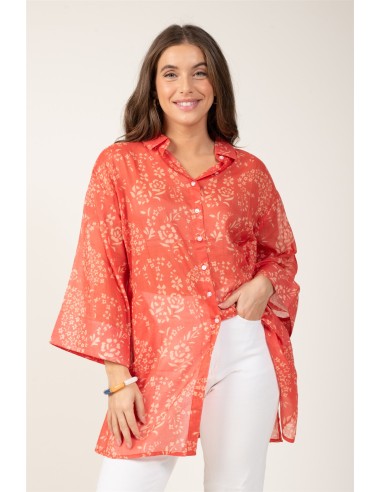 Chemise ample "Cachemire Floral Corail"boutonnage av/fx arrière,base droite,cot