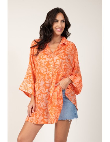 Chemise ample "Flowers Orange Sunset"boutonnage av/fx arrière,base droite,cot