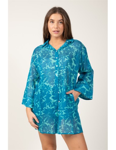 Chemise ample "Flowers Acqua"boutonnage av/fx arrière,base droite,cot (SMLXL)