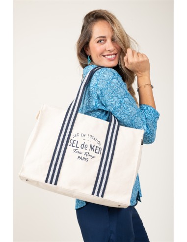 Sac M blanc "Sel de Mer",anses rayés tissu,zip,poche,coton 41x29x13