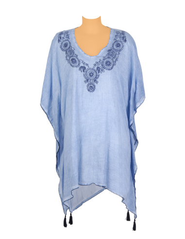 Kaftan  ciel brodé bleu, bords festons, déco pompons, coton TU