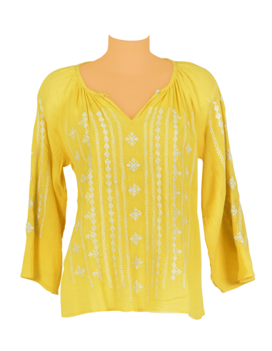 Tunique jaune froissée, broderies blanches, 1 bouton, coton (S,M,L,XL)