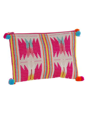 Pochette tissée Ethnic écru/fuschia, déco pompons, zip, coton (20*30 cm)