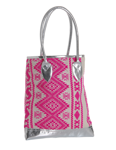 Sac haut tissé Ethnic écru/fuschia, anses et base cuir argent, zip, coton