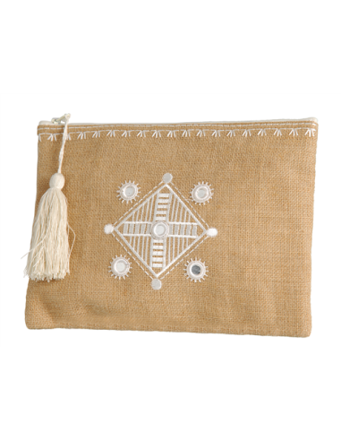 Pochette jute broderies Blanches, zip, pompons (20*28 cm)