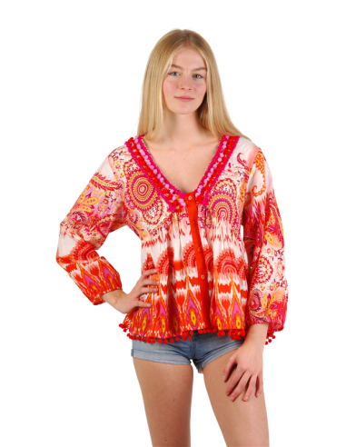 Top imprimé Fuschia/Orange, col et base pompons, coton, SMLXL