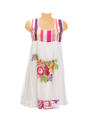 Robe coton Berlingo fleurs Fuschia, doublée et volantée, sans manches (M-L-XL)